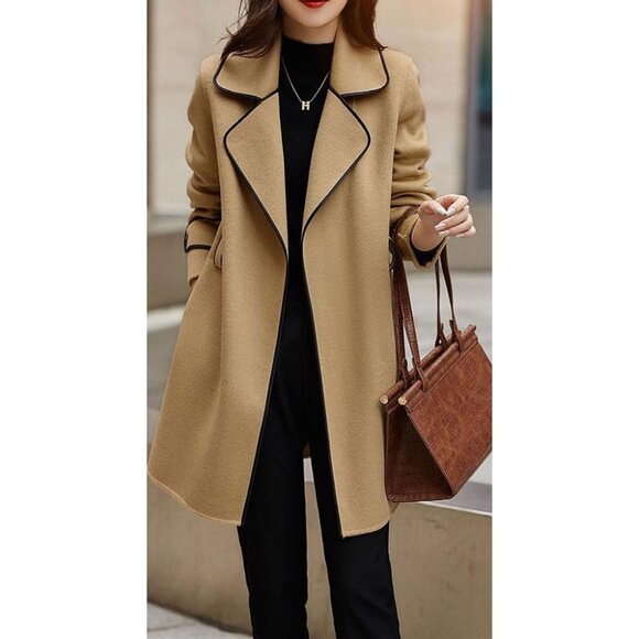 Women's Tan Trench Coat with Black Trim - Picture 4 of 6